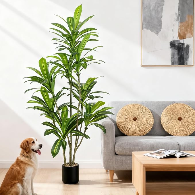 6FT Artificial Dracaena Tree, Faux Dracaena Plant with Stones in Black Round Planter, Tall Fake Floor Plant for Indoor Home Office Living Room Decor