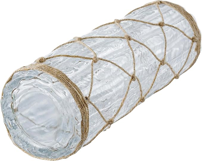 MyGift Rustic Clear Glass Vase with Hand-Woven Hemp Rope Wrap – Decorative Tabletop Flower Vase for Farmhouse, Boho, or Coastal Home Decor