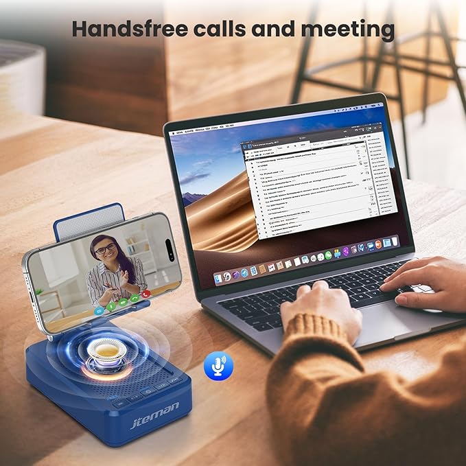 JTEMAN Cell Phone Stand with Bluetooth Speaker and Charging Function,Bluetooth Audio Power Bank Bracket,Birthday Gifts for Men Women,Kitchen Gadgets for Most Phones and Tablets-Blue