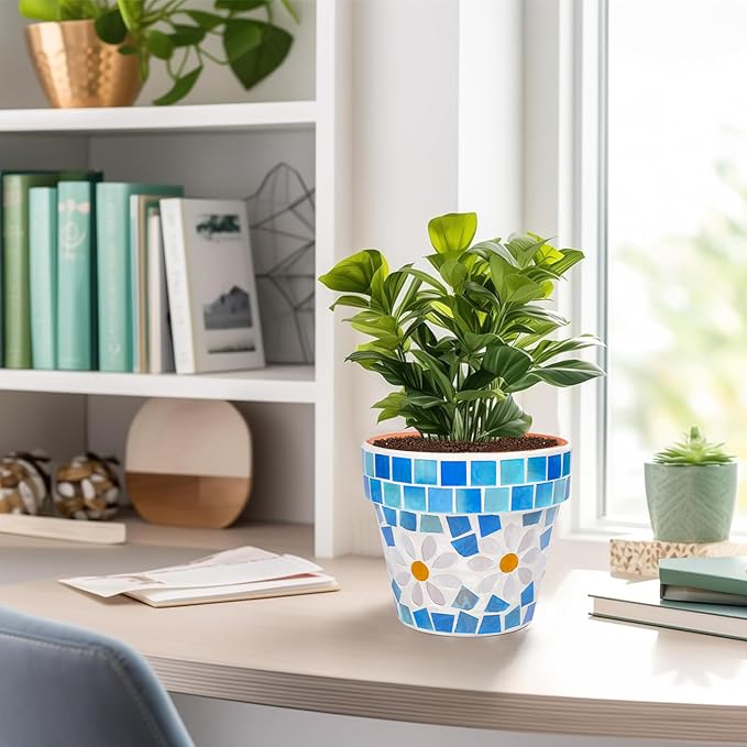 4" Mosaic Terracotta Flower Pot Small Succulent Planter with Drainage Mini Succulent Nursery Pot for Indoor Outdoor Plants Light Blue