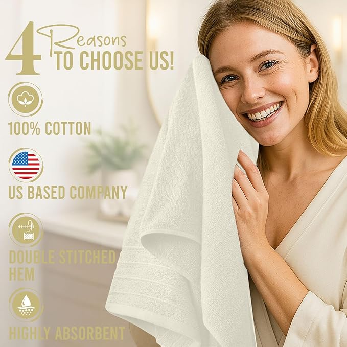 DAN RIVER Bath Towels Set of 4, 30 x 60 Inches, 100% Cotton, Larger & Lighter Weight, Quicker to Dry, Super Soft and Absorbent, Ideal Hotel Towels for Daily Use, Ivory