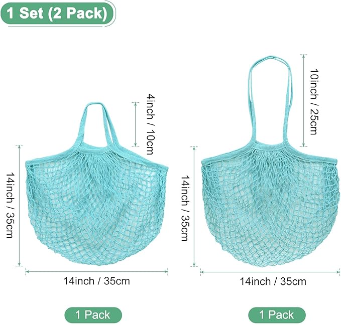 2-Pack Cotton Mesh Bag, Reusable Washable Mesh Net String Grocery Bags, Reusable Produce Bags with Handle, Net Tote Bag for Fruits Shopping [Blue-Green, Long&Short Handle]