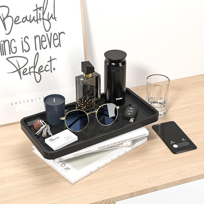 Bathroom Vanity Tray for Countertop - Bamboo Organizer Tray for Dresser Tops, Toilet, Perfume Small Decorative Wood Tray for Home Decoration 11.4” L x 6.1” W x 0.7” H (Black)