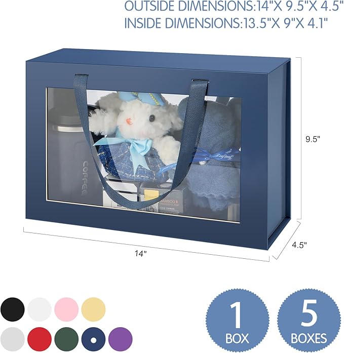 Large Navy Blue Clear Gift Boxes, 13.5x9x4.1 Inches, 5 Pack with Windows by Handles, Magnetic Closure, Suitable for Various Occasions