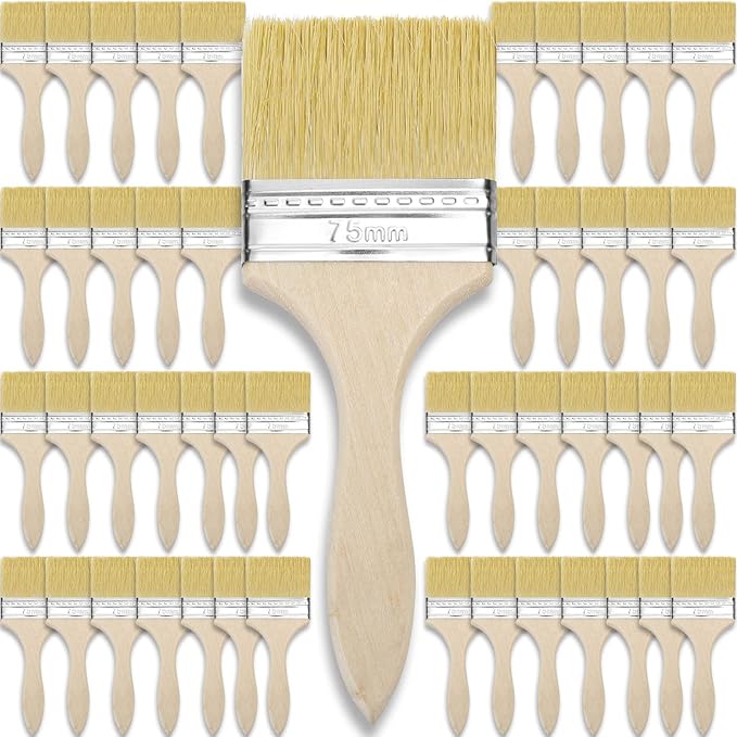 Remerry 96 Pcs 3 Inch Paint Brushes Bulk, Natural Bristle Chip Brushes with Wooden Handle, Flat Art Applicators for Wall, Furniture, Kids, Fences Details