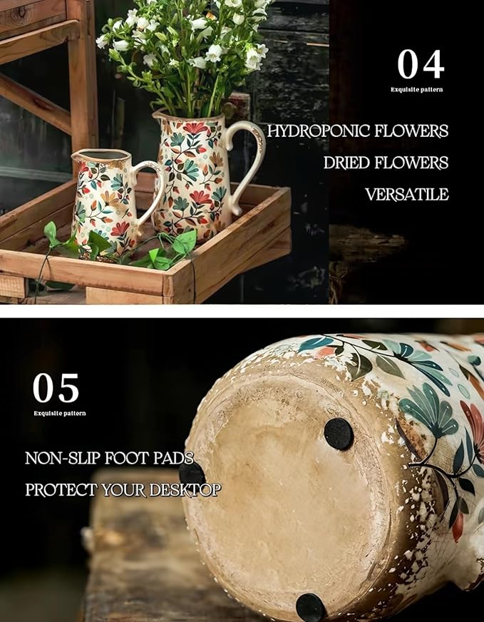 Vintage Colorful Flower Ceramic Vase with Handle, Retro Ice Glazed Crack Farmhouse Pitcher Vase for Home Decor, Living Room, Shelf, Office, Rustic Table Centerpiece 7 Inch