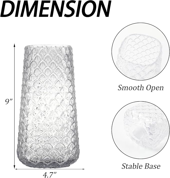 Glass Vase, Clear Flower Vase for Bouquet, Large Glass Vases for Flowers, Modern Vases for Living Room, Bedroom, Dining Table, Office, Kitchen, Wedding, 9 Inches