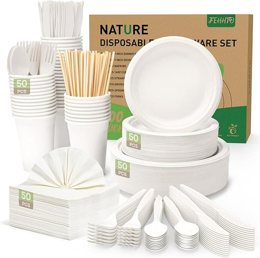 400PCS Compostable Paper Plates Set, Disposable Eco-friendly Dinnerware Set, Biodegradable Heavy-Duty Paper Plates, Utensils, Cups and Straws for Party Camping 50 (White)
