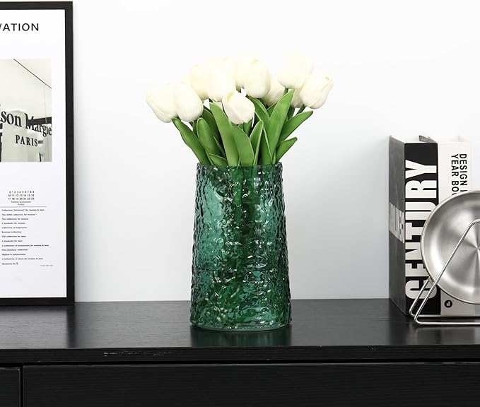 Green Glass Vase, Flower Vases for Bouquet, Modern Glass Vase for Flowers, Large Vases for Living Room, Bedroom, Kitchen, Office, Wedding, Dining Table, 8 Inches