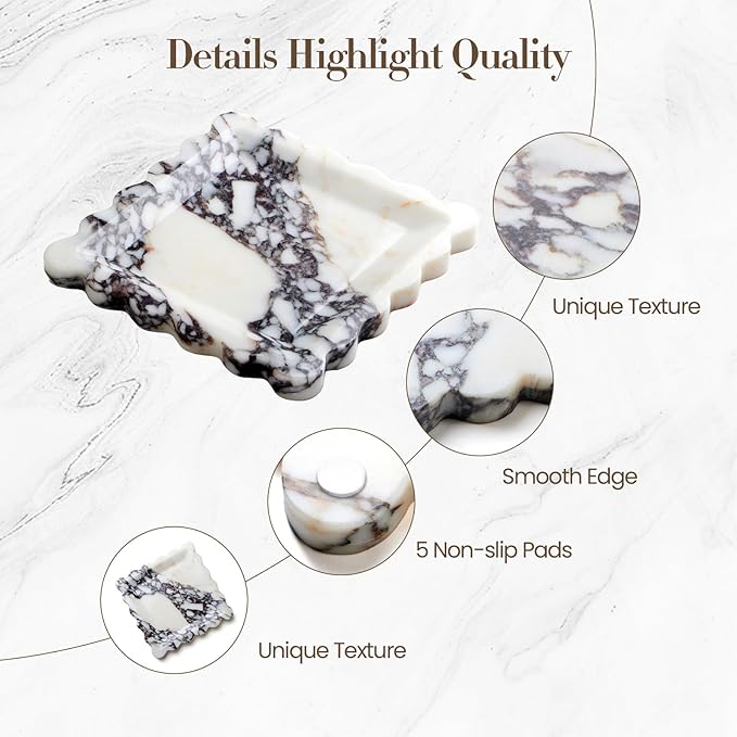 Calacatta Viola Natural Marble Tray, Scalloped Storage Dish, Luxury Decorative Trays for Bathroom, Vanity, Dresser, Kitchen & Home Decor, House Warming Gifts New Home (Square,8 Inch)