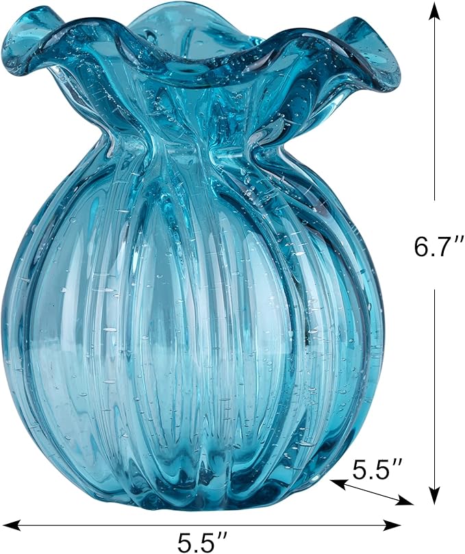 Blown Glass vase, Green Glass vase, Modern Art vase, Wide Mouth vase for Living Room Wedding Table Office centerpieces with Flowers.