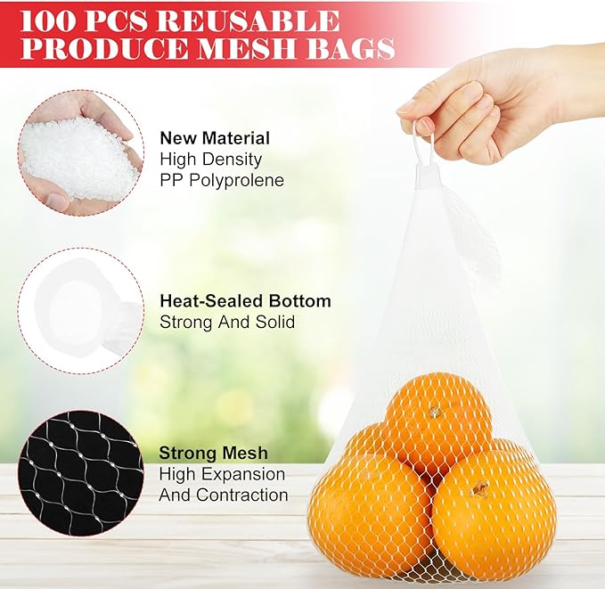 100 Pcs Reusable Mesh Produce Bags, 20 Inch Seafood Boil Bags for Crab with 100 Loop Closures, Onion Potato Storage Net Bag for Vegetables Fruits Seafood