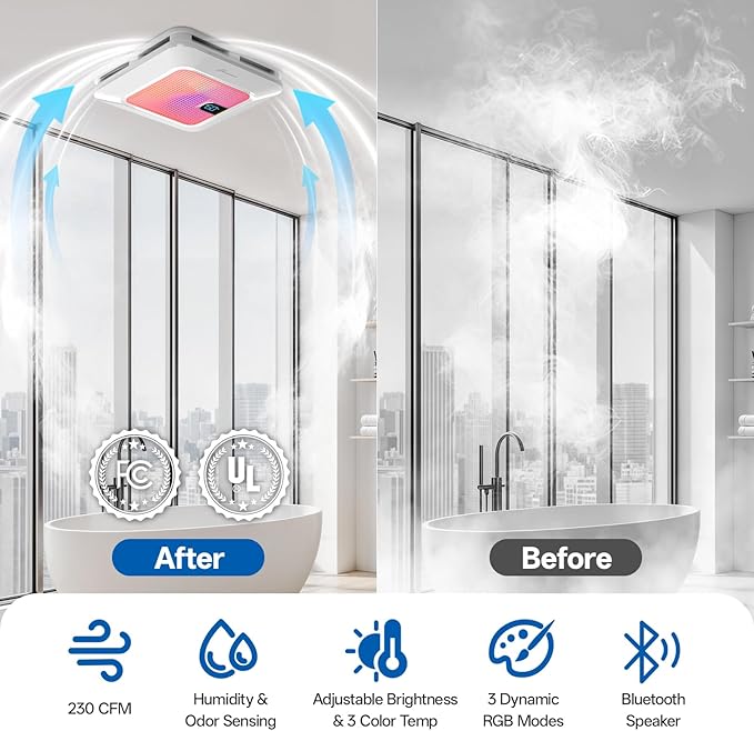 Smart Bathroom Exhaust Fan with Bluetooth Speaker, 230 CFM 1.0 Sone Exhaust Fan with Humidity & Odor Sensor, Remote/App/Voice Control, Adjustable LED Lighting & Dynamic RGB Mood Light (Pink)