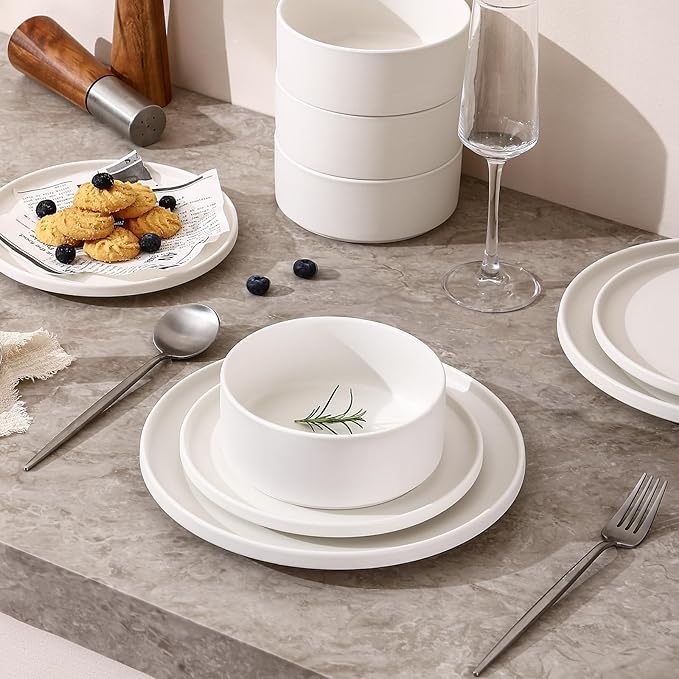 GZG Classic Series - Plates and Bowls Set for 6, 18 Piece Stoneware Dinnerware Sets, Microwave and Dishwasher Safe Lead-Free Handcrafted Ceramic Dishes Set - Ivory White