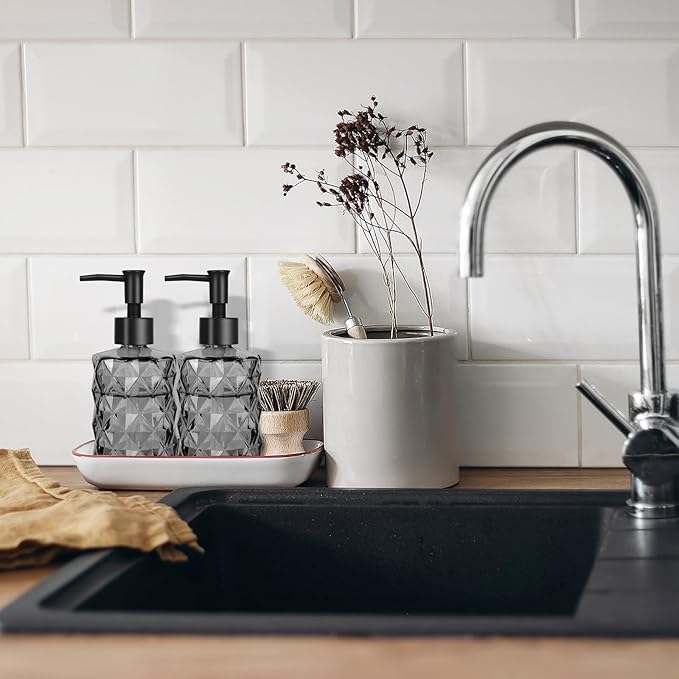 11oz Glass Soap Dispenser with Plastic Pump, Clear Black Bathroom Soap Dispenser for Hand Wash & Dish Wash, Elegant Dispenser for Dishwashing Liquid, Lotion, Shower Gel, Essential Oil