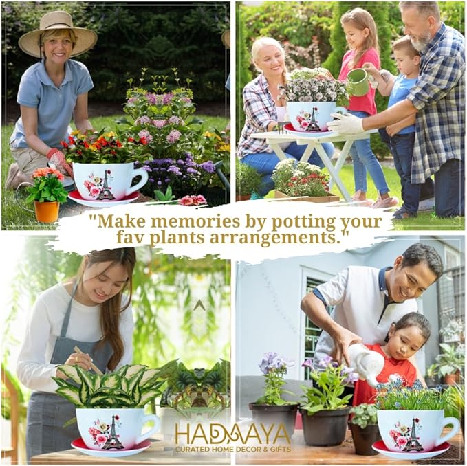 7.5" Ceramic Teacup Planter Pot with Saucer | Ideal for Succulents, Orchids, Herbs & Flowers | Indoor & Outdoor Use for Wedding & Home Decor & More - RED - Paris Eiffel Tower