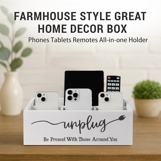 Bamboo Wood Phone Box – Unplug from Phones, Tablets, and Electronics for Study, Meetings, and Family Time, Phone Holder Organizer with Charging Holes, Farmhouse Style, Holds Up to 18 Phones-White