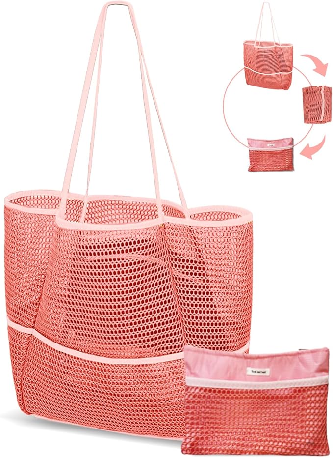 Mesh Beach Tote Bag Packable,2025 New 2-in-1 Large Lightweight Foldable Beach Bags with Multiple Pockets for Women