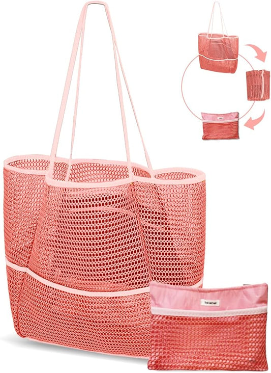 Mesh Beach Tote Bag Packable,2025 New 2-in-1 Large Lightweight Foldable Beach Bags with Multiple Pockets for Women