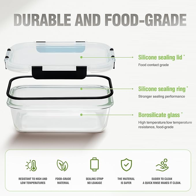 [10-Pack Glass Meal Prep Containers with Lids, Food Storage Containers with Snap Locking Lids, Airtight Lunch Containers, Microwave, Oven, Freezer and Dishwasher,Black