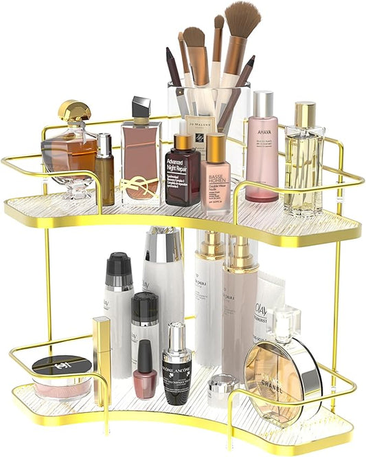 FOLLOWIN 2 Tier Bathroom Corner Countertop Organizer,Make Up Organizers and Storage,Corner Counter Shelf,Skincare Makeup Cosmetic Vanity Lotion Perfume Organizers Holder,Shine Gold