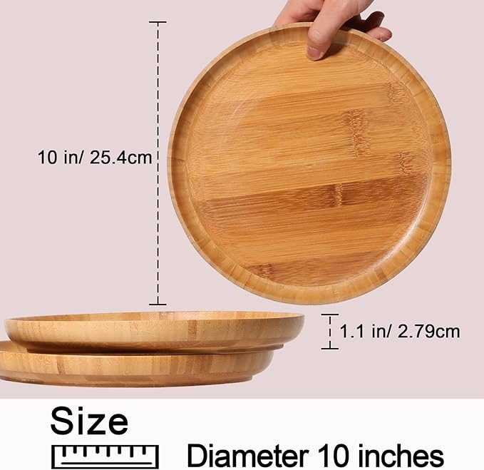 Bamboo Wooden Dinner Plates Set of 2, 10 inch Decorative Serving Tray for Coffee Table and Home Decor, Round Serving Platters and Trays for Pasta/Fruit/Charcuterie, Reusable Charger Plates