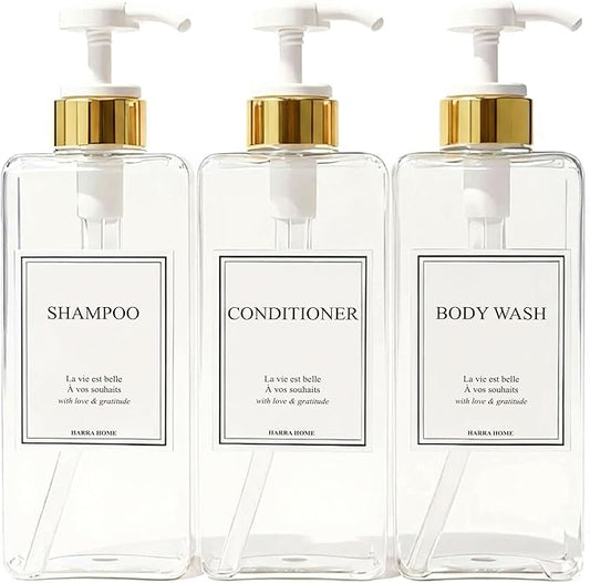 Modern Gold Design 27 oz Shampoo and Conditioner Dispensers - Plastic Refillable Pump Bottle Set for Bathroom Shower Soap Dispenser, Gift Box Included, Set of 3 (Clear & White)