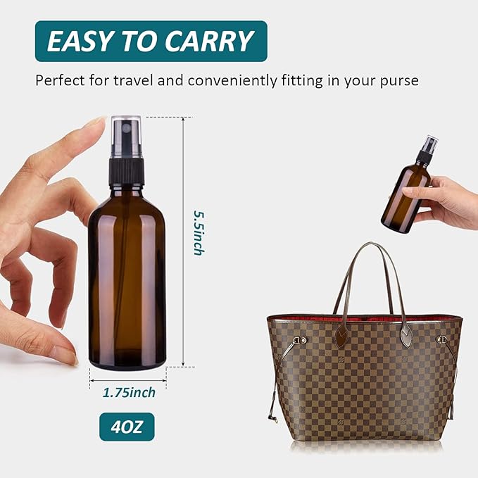 4 oz Amber Glass Spray Bottles for Essential Oils, Small Empty Fine Mist Spray Bottle,2 Pack with Funnel Dropper