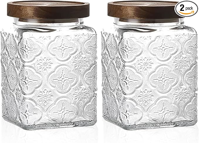 Snminetal Vintage Glass Airtight Storage Jar Set of 2, With Airtight Wood Lid, Kitchen Food Storage Containers,Suitable for storage Tea leaves,Coffee Beans,dried fruits, cereals, etc(Plum pattern)