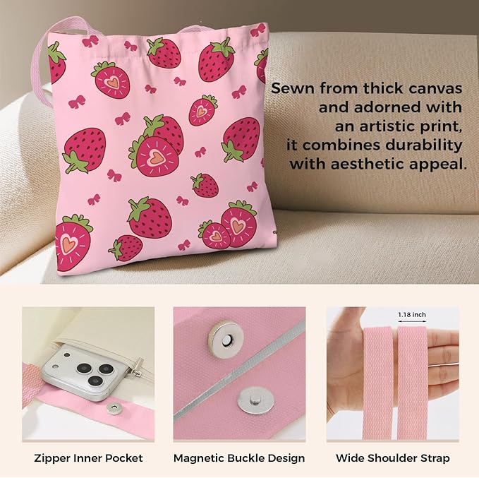 Cute Aesthetic Canvas Tote Bag for Women, Reusable Foldable Shopping Cotton Shoulder Totebag with Zipper Pocket