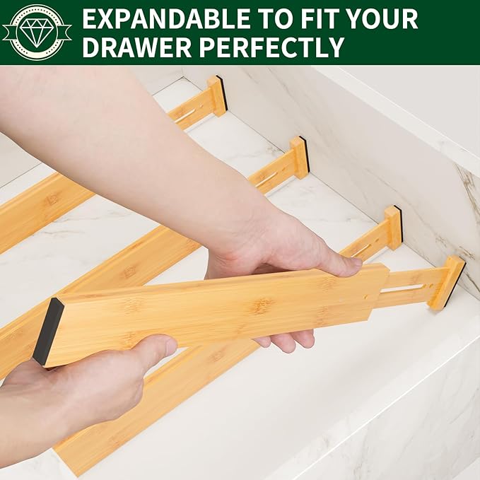 6 Pack Bamboo Drawer Dividers 2.6" High,17-22" Adjustable Spring Loaded Clothes Drawer Organizers for Kitchen, Dresser, Bathroom, Bedroom and Office