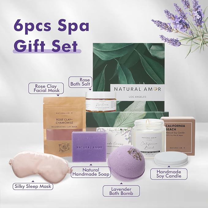 Natural Amor Spa Gift Set for Women 6 PCS– Relaxation Kit with Handmade Soap, Bath Bombs, Candle, Christmas Gift Box for Her, Self Care Birthday Gifts