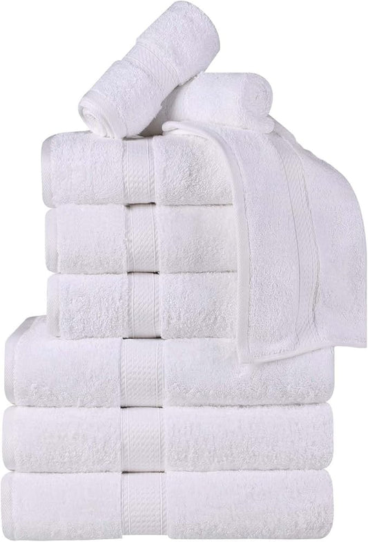 BNM Egyptian Cotton Heavyweight Towels, Ideal For Bathroom, Shower, Spa, Hotel, 800 GSM, Face/ Washcloths, Hand Towels, Bath Towels, Highly-Absorbent, Luxury Home Basics, 9 Piece Towel Set, White