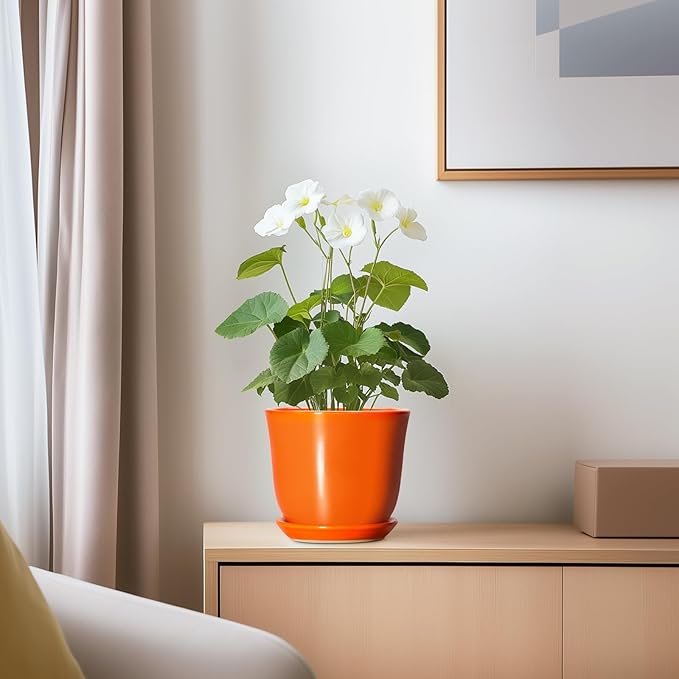 5.6 Inch Plant Pot - Ceramic Pots for Plants Indoor Outdoor, Succulent Pot with Drainage Hole and Saucer, Round Modern Flower Pots, Garden Home Room Decor, Gifts for Plant Lovers, Orange