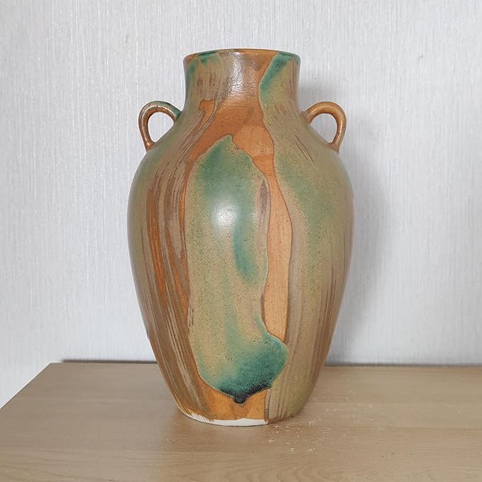 Terracotta Pottery - 10" Unique Decorative Farmhouse Vase with Handle, Green Glazed Earth Yellow Boho Neutral vase Home Decor, Vintage Ceramic Flower vases for Living Room, Kitchen Decor