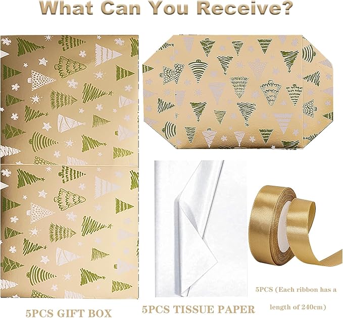 Jaywayang 5 Pack Gold Christmas Gift Boxes with Lids, Ribbons and Tissue Papers Square Gift Boxes - 7.1 Inch - Presents Wrapping Christmas Gift Holiday New Year Party Favor Boxes.