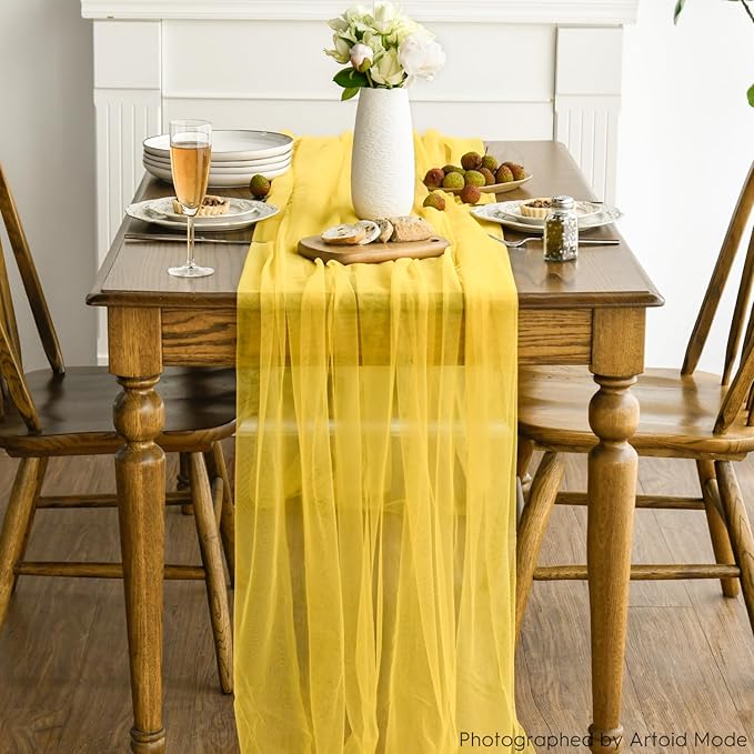 Artoid Mode Yellow Gauze Table Runner 120 Inch 10FT, Seasonal Sheer Kitchen Dining Holiday Wedding Birthday Baby Shower Table Decor for Home Party