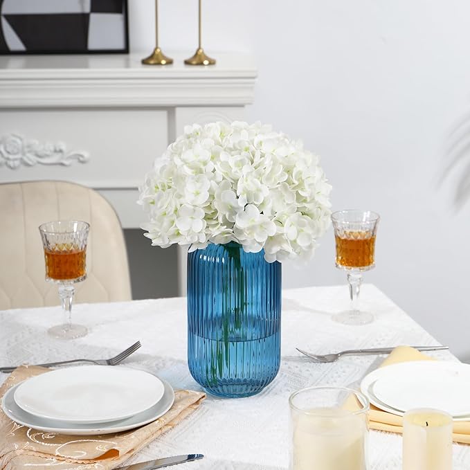 Ribbed Glass Vase, Blue Flower Vase for Bouquet, Glass Vases for Flowers, Modern Vases for Living Room, Bedroom, Kitchen, Dining Table, Office, Wedding, 8.6 Inches