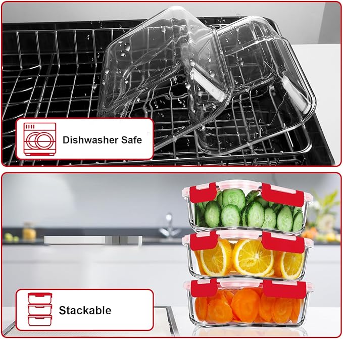 VERONES 5 Pack 36 OZ Glass Meal Prep Containers, Airtight Glass Lunch Containers Set, Glass Food Storage Containers with Lids,Exclusive of BPA, for Microwave, Oven, Freezer & Dishwasher Friendly,Red