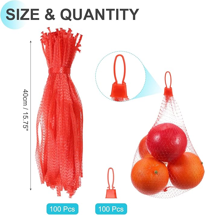 uxcell 100 Pcs Reusable Mesh Produce Bags, 40cm/16 Inch Washable Net Storage Bags Reusable Grocery Reusable Storage Bags with Plastic Buckle for Fresh Fruit Vegetables Seafood, Red