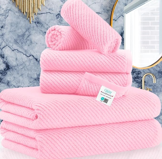 Pink Towels - 100% Cotton, Soft, Quick Dry, Lightweight, Towel Set of 6, 2 Large Bath 30" x 56", 2 Hand 18" x 28", 2 Washcloths 13" x 13", Pink Towels Bathroom Sets, Luxury Towel Gift Set