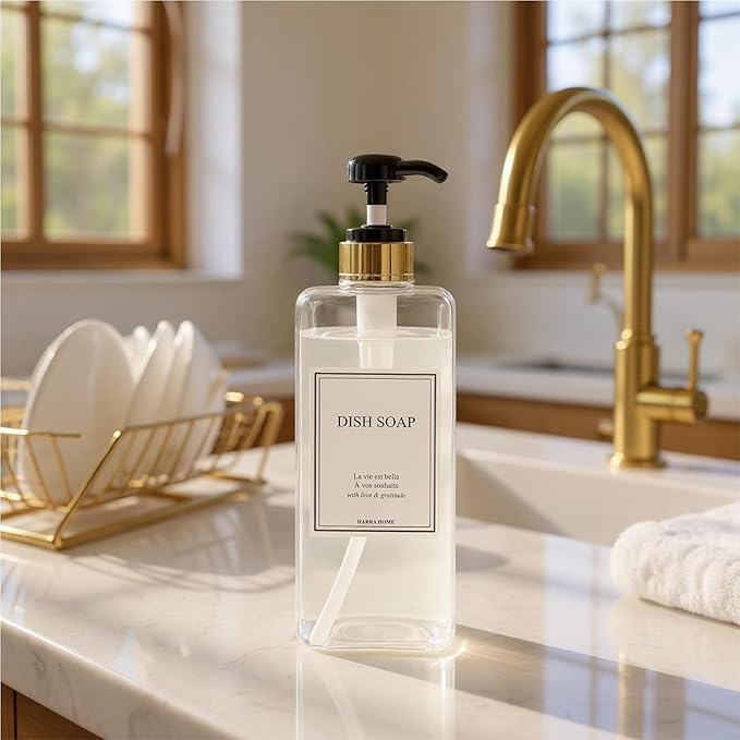 Modern Gold Design Large 27 oz Shampoo and Conditioner Dispensers - Empty Plastic Refillable Pump Bottle Set for Bathroom Shower Soap Dispenser, Gift Box Included, Set of 3 (Clear & Black)