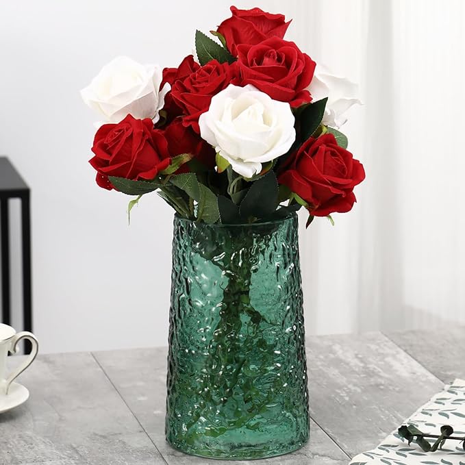 Green Glass Vase, Flower Vases for Bouquet, Modern Glass Vase for Flowers, Large Vases for Living Room, Bedroom, Kitchen, Office, Wedding, Dining Table, 8 Inches