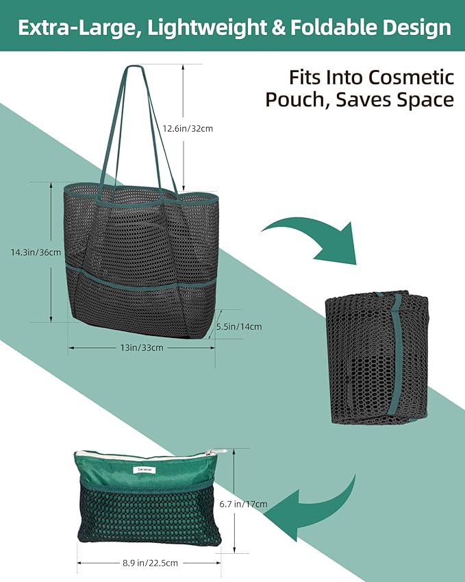 Mesh Beach Tote Bag Packable,2025 New 2-in-1 Large Lightweight Foldable Beach Bags with Multiple Pockets for Women