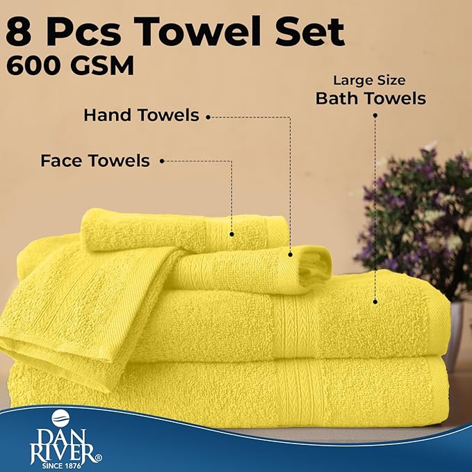 DAN River 8 PC Luxury Bath Towels for Bathroom, 2 Bath, 2 Hand, and 4 Wash Cloths, 600 GSM 100% Ring Spun Cotton Towel Set, Highly Absorbent, Gym, Hotel, and Spa, Yellow