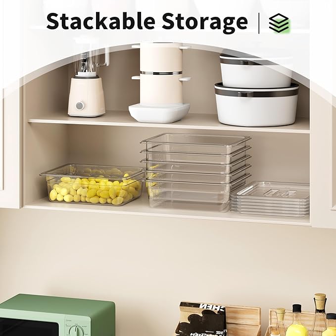 1/2 4'' 6 Pack Plastic Food Pans With Lids, Clear Food Pan, Commercial Stackable Polycarbonate Freezer-Safe for Fruits Vegetables Restaurant Kitchen