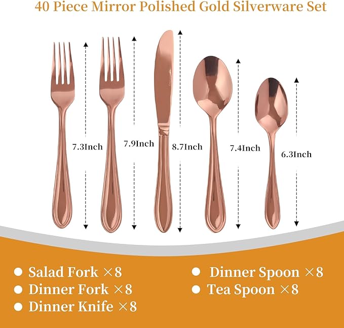 Rose Gold Silverware Set,40-Piece Stainless Steel Flatware for 8, Heavy-Duty 18/0 Stainless Steel Utensils,Mirror Polished Dishwasher Safe for Home & Kitchen Dining