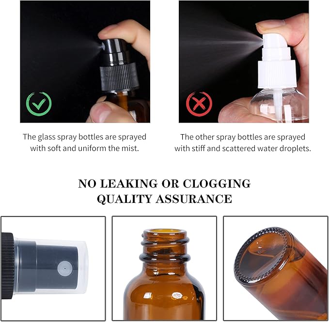 2oz Glass Spray Bottle, Fine Mist Boston Glass Bottles with Black Fine Mist Sprayer Small Clear Bottles for Essential Oils, Bath, Beauty, Hair & Cleaning, Amber, Pack of 12