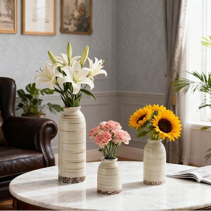 Ceramic Vase Set of 3,Small Vase for Flowers,Rustic Farmhouse Vase for Home Decor,Minimalist Vintage Flower Vases for Living Room,Table Shelf,Centerpieces,Fireplace and Entrance Decorations