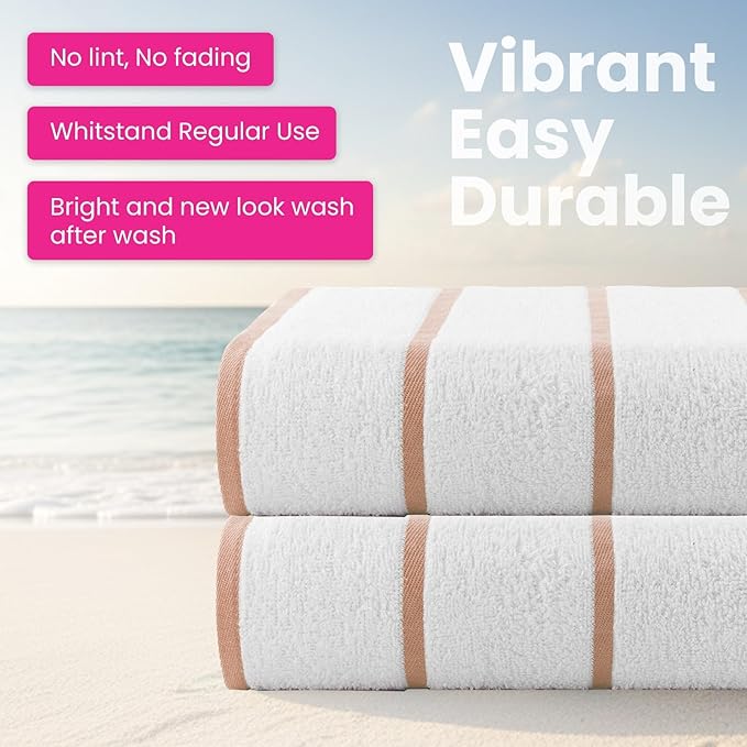 CASA COPENHAGEN Cabana Beach Towel Designed in Denmark Rough and Tough, Quick Dry, Pool, Bath & Shower 30x60 inches 4 Pieces Cotton Beach Bath Towels Set - White Beige Stripe